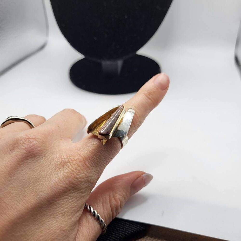Artisan Made Abstract Geometric Unique Sterling Silver with Vermeil and Lace Aga - Picture 2 of 6